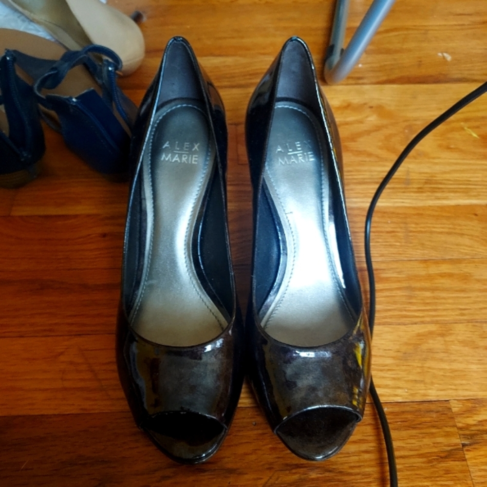 Alex Marie Black Patent Leather Open Toed Heels